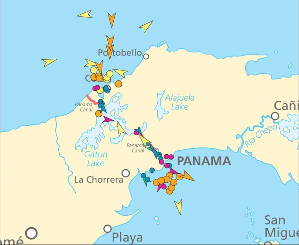 Map of Panama Canal marked with key points