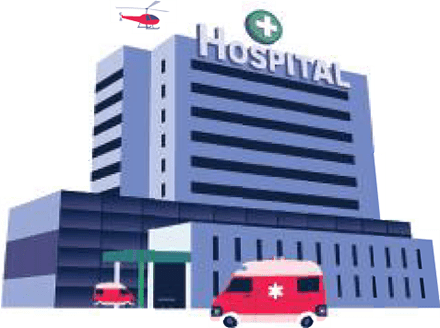 Hospital with ambulance and helicopter